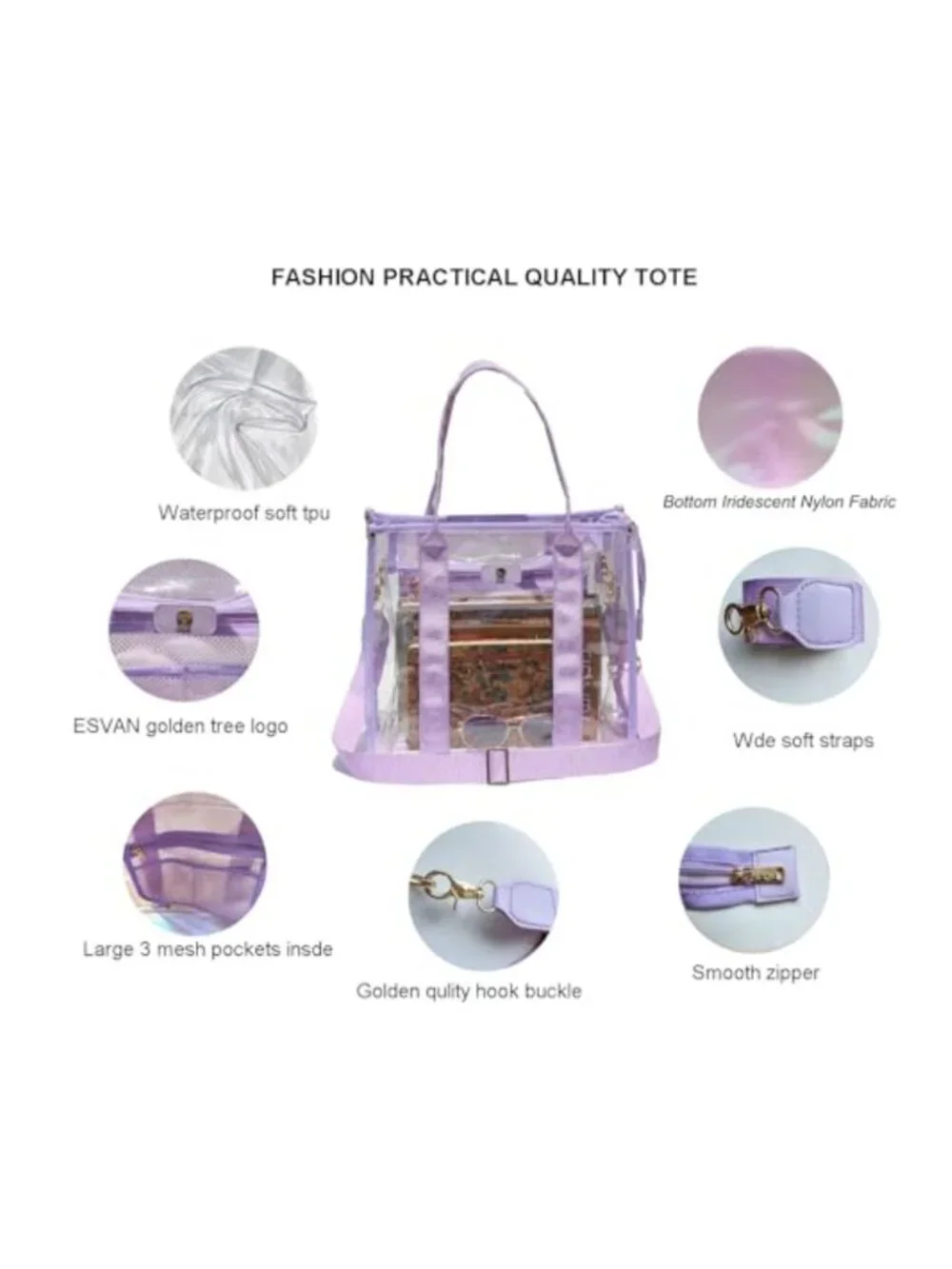 Stadium Approved Clear Tote Bag Waterproof TPU Adjustable Strap Crossbody